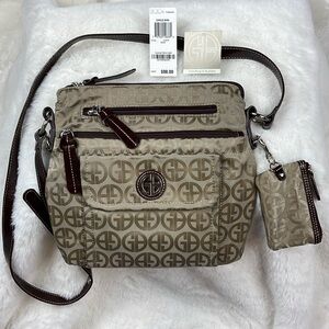 Giani Bernini Single Strap Handbag Bag Zippered Pockets Taupe Logo Coin Purse